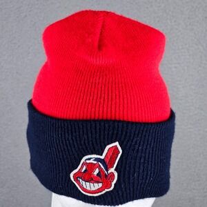 Vintage Cleveland Baseball Indians Logo Knit Beanie Hat Men MLB Chief Wahoo USA
